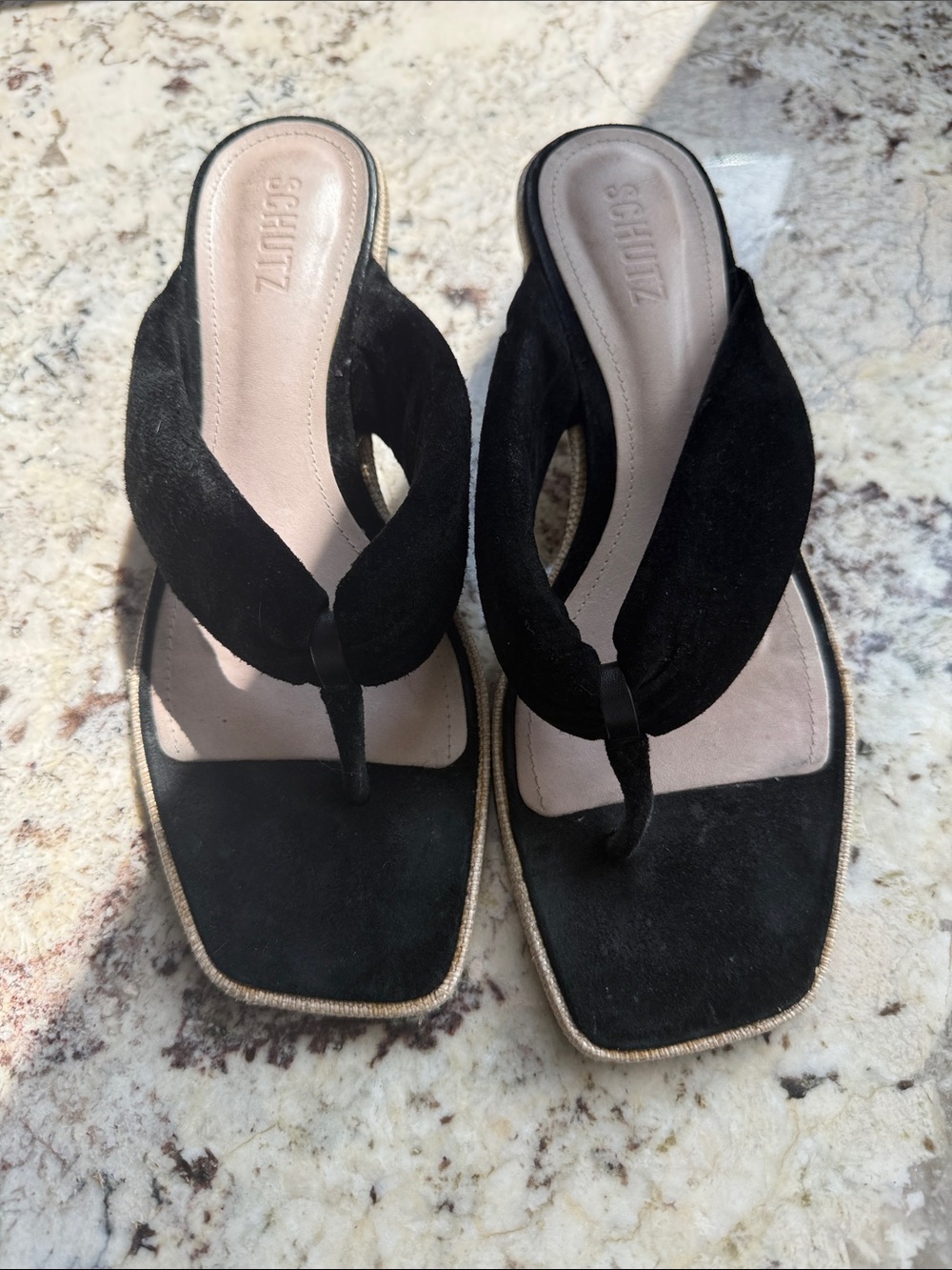 SCHUTZ Black Suede Thong Sandals with Raffia Trim